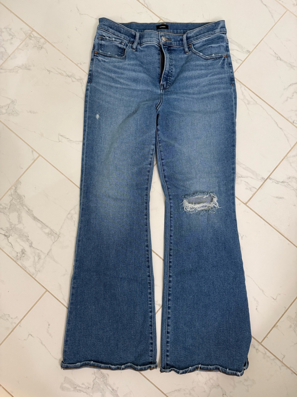 Express Blue Distressed Flared Jeans